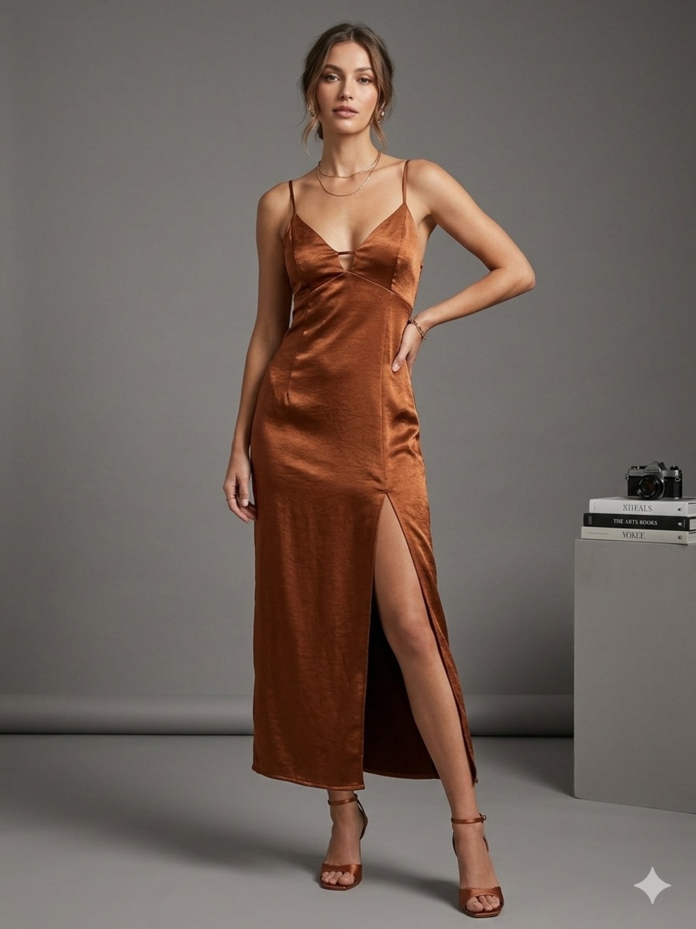 wild fable Copper Satin Slip Dress with Tie Straps